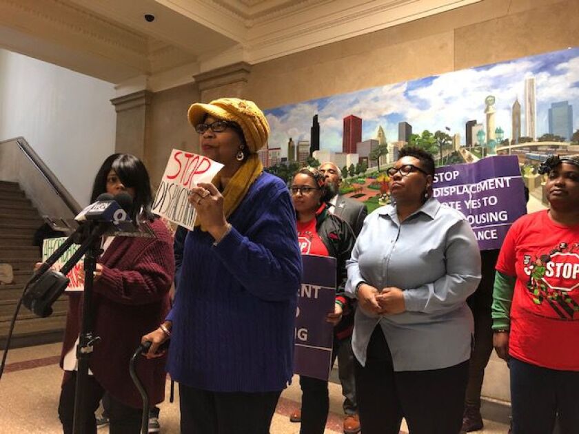 Woodlawn residents fearful of being displaced by the Obama Presidential Center in Jackson Park join their Ald. Jeanette Taylor (20th) at a City Hall news conference on Wednesday, Feb. 5, 2020.