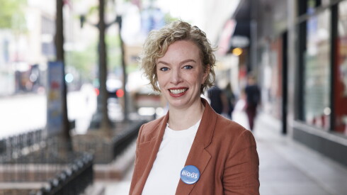Jessica Biggs in downtown Chicago after filing her paperwork to run for school board president.