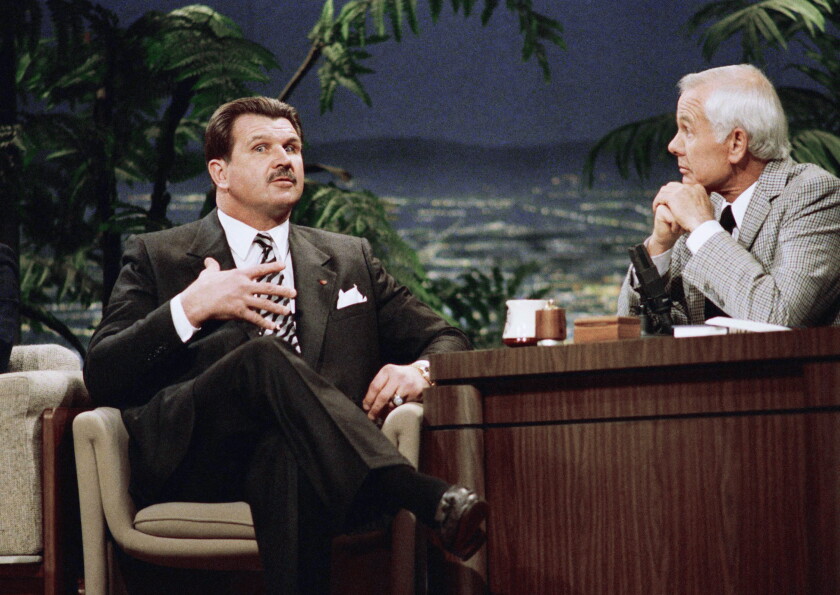 Chicago Bears football coach Mike Ditka chats with Johnny Carson during a taping of "The Tonight Show Starring Johnny Carson," Jan. 20, 1987.