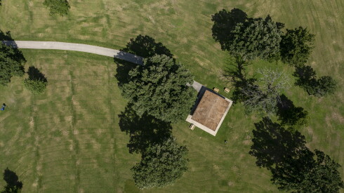Aerial of picnic pavilion in Harms Woods