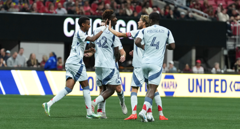 The Fire celebrate during their 3-2 victory against Atlanta United on Oct. 24, 2026, in Atlanta.