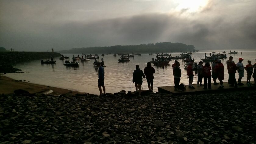 Fans, anglers and coaches lined up for takeoff in 2018 at the IHSA state finals for bass fishing on Carlyle Lake; there will be no state finals this spring. Credit: Dale Bowman