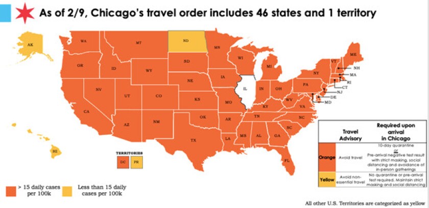 Quarantining or bringing along a negative COVID-19 tests are required for travelers coming to Chicago from areas marked orange on this map.