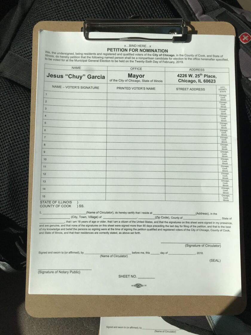 One of the nominating petitions to be circulated on behalf of Jesus “Chuy” Garcia | Provided to the Sun-Times