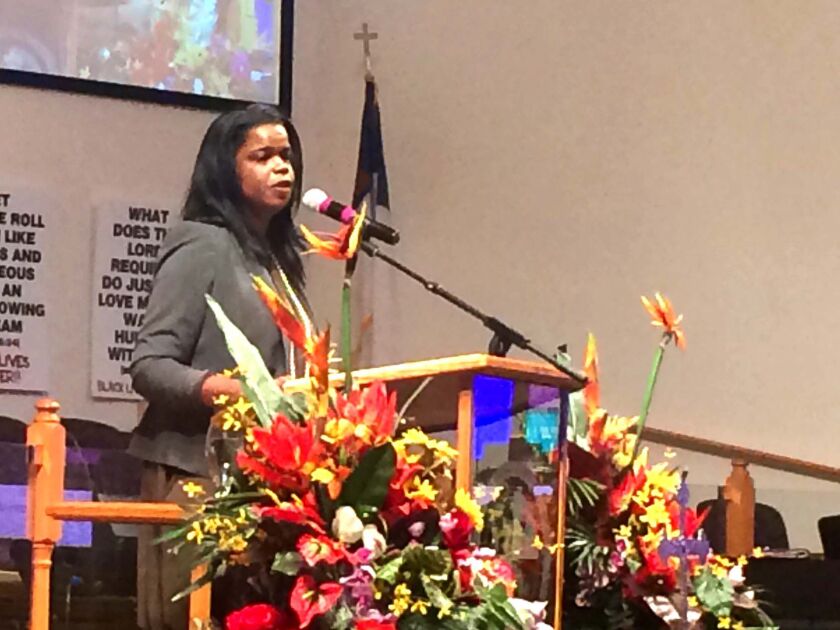 Kim Foxx, a Cook County state’s attorney candidate, spoke at West Point Missionary Baptist Church on Sunday. | Tina Sfondeles/Sun-Times