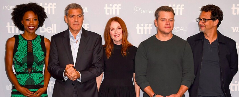 Karimah Westbrook (from left), director George Clooney, stars Julianne Moore and Matt Damon, and producer Grant Heslov from “Suburbicon.” | Kevin Winter/Getty Images