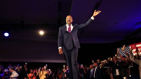 Georgia Democratic U.S. Sen. Raphael Warnock speaks during an election night watch party at the Marriott Marquis in Atlanta, Georgia. 