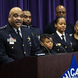 Flanked by family members, Chicago Police Department Supt. Eddie Johnson announces his retirement during a press conference at CPD headquarters, Thursday morning, Nov. 7, 2019.