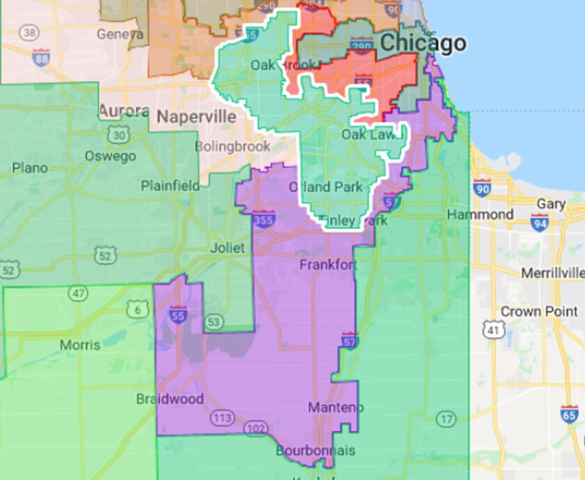 Illinois’ 1st Congressional District is in purple. The 6th Congressional District is highlighted in green.