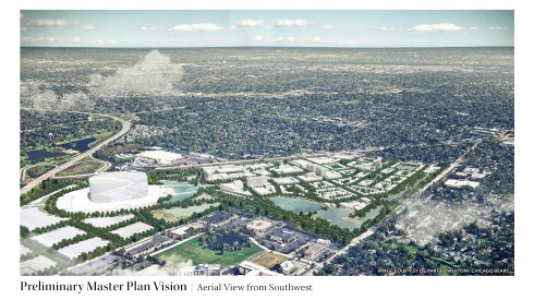 A rendering of an aerial view of the stadium site in Arlington Heights was released by the Chicago Bears in September of 2022