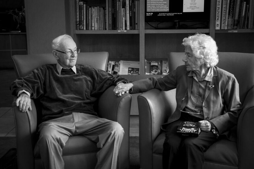 Evi and Walter Levin in the building’s lobby of their home at Montgomery Place in Hyde Park in June 2015.