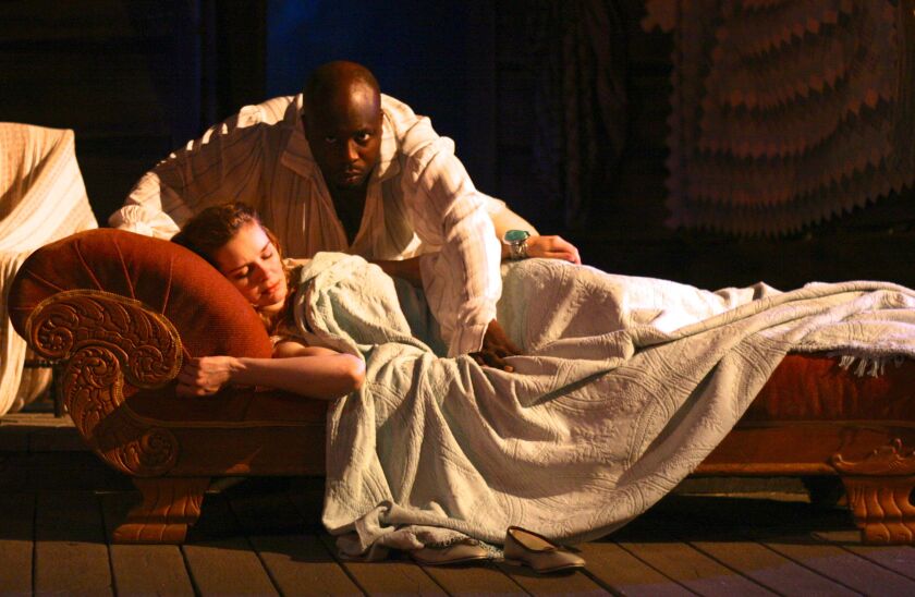Kate McDermott and James Earl Jones II in a scene from First Folio Theatre’s production of “Cymbeline: A Folk Tale with Music.”