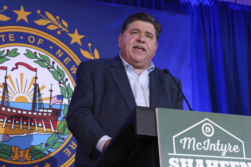 Illinois Gov. JB Pritzker speaks during the McIntyre-Shaheen 100 Club Dinner, Sunday April 27, 2025, in Manchester, N.H.