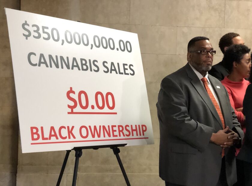 A sign displayed at a City Hall news conference by the Chicago City Council’s Black Caucus.