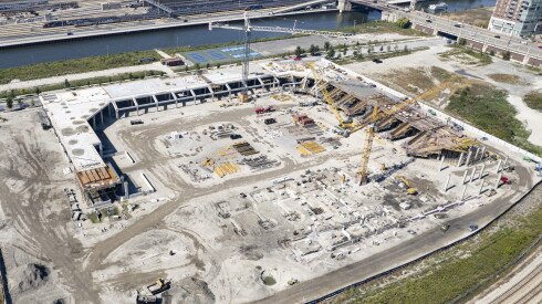 Aerial view of the ongoing construction of McDonald's Park, home of the Chicago Fire, at 243 W. Roosevelt Road.