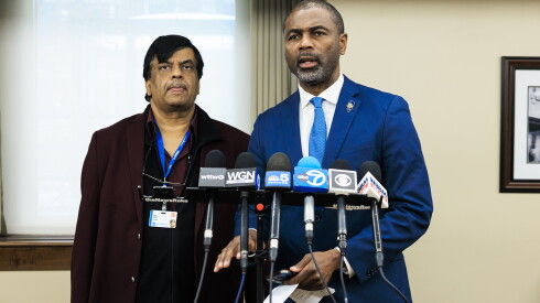 State Rep. La Shawn K. Ford (right) speaks about the future of the hospital alongside Resilience Healthcare CEO Manoj Prasad during press conference to answer questions about the hospitals closure on April 1, 2026.