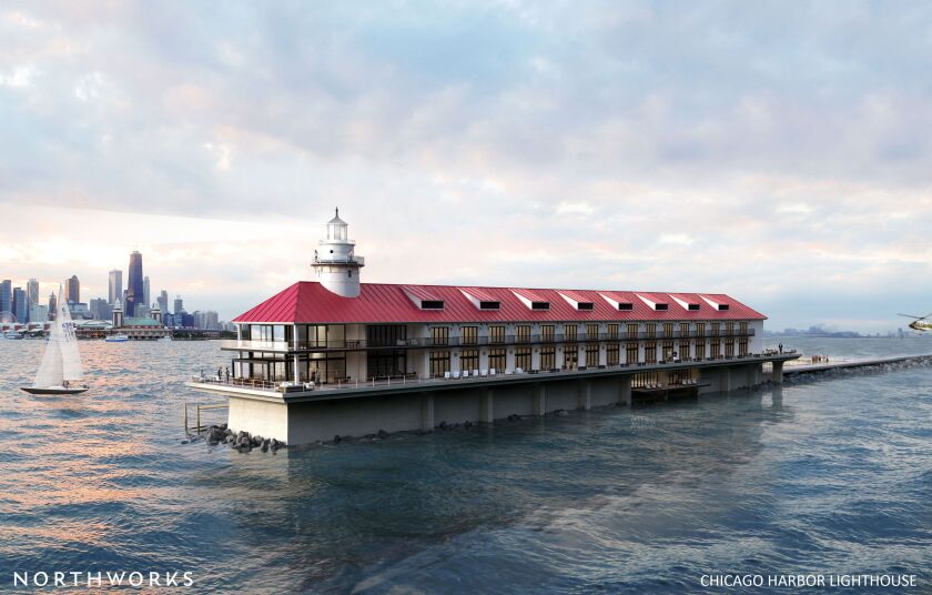 An architectural rendering of what would have been a hotel and restaurant at the Chicago Harbor Lighthouse.