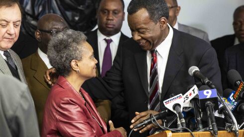 Willie Wilson endorses mayoral candidate Lori Lightfoot during a press conference at Chicago Baptist Institute International, Friday afternoon, March 8, 2019.