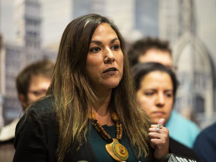 Sheila Bedi, an attorney with the MacArthur Justice Center, at a press conference at City Hall in April 11. File Photo. | Ashlee Rezin/Sun-Times