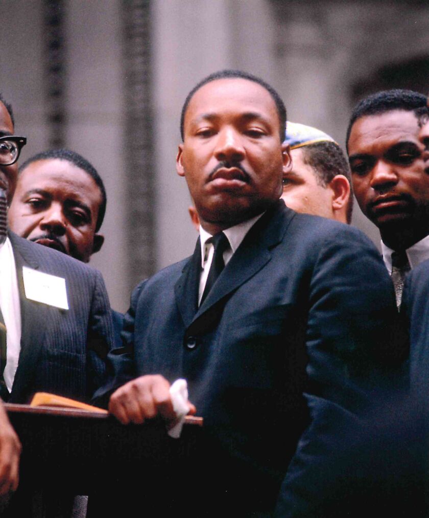 Dr. Martin Luther King, Jr. in front of City Hall, July 26, 1965.
