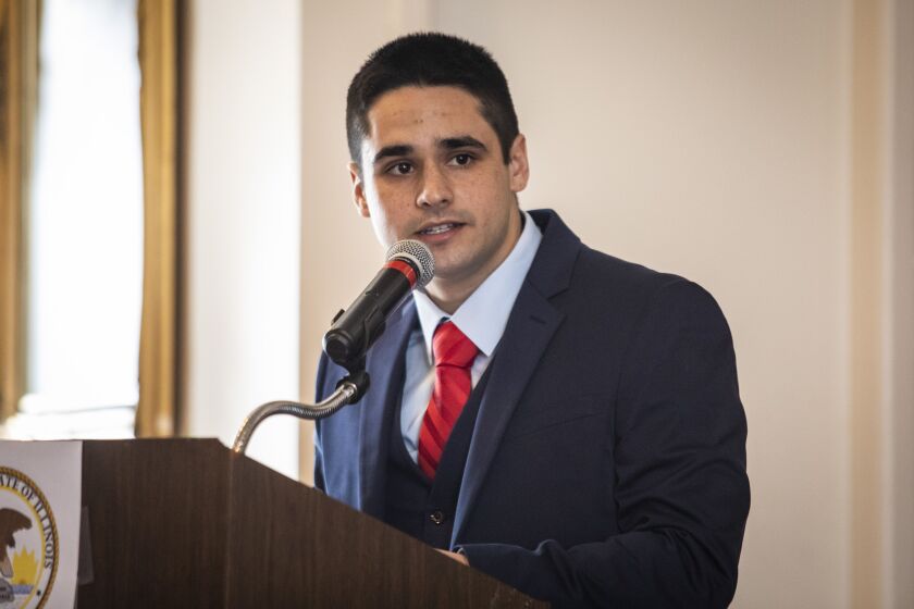 Edward Guerra Kodatt speaks during a committee hearing on the Southwest Side on Sunday.