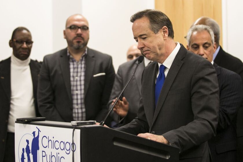 Chicago Public Schools CEO Forrest Claypool at a news conference at CPS headquarters announcing his resignation earlier this month. | Ashlee Rezin / Sun-Times