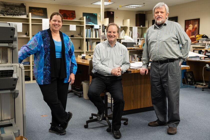 Chicago Symphony Orchestra’s librarian Carole Keller (from left), principal librarian Peter Conover and librarian Mark Swanson in the orchestra’s Symphony Center library in the Loop.