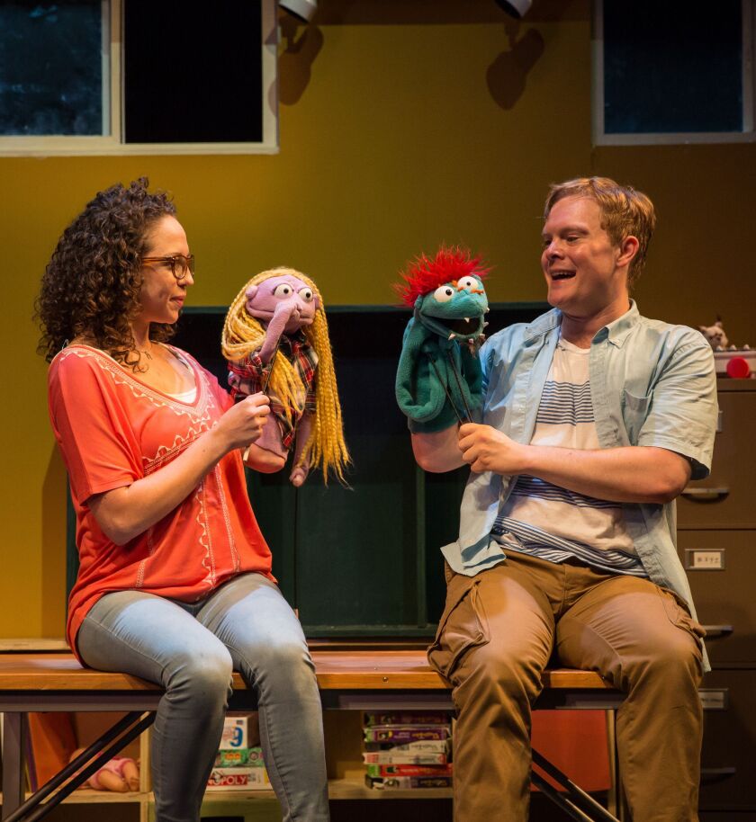 Nina Ganet and Alex Weisman in “Hand to God,” at Victory Gardens Theater. (Photo: Liz Lauren)