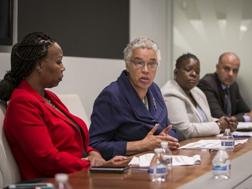Cook County Board President Toni Preckwinkle meets with the Sun-Times Editorial Board on Thursday. From left, Chief of Staff Lanetta Haynes Turner, Preckwinkle, Budget Director Tanya Anthony and Chief Financial Officer Ammar M. Rizki. | Rich Hein/Sun-Time