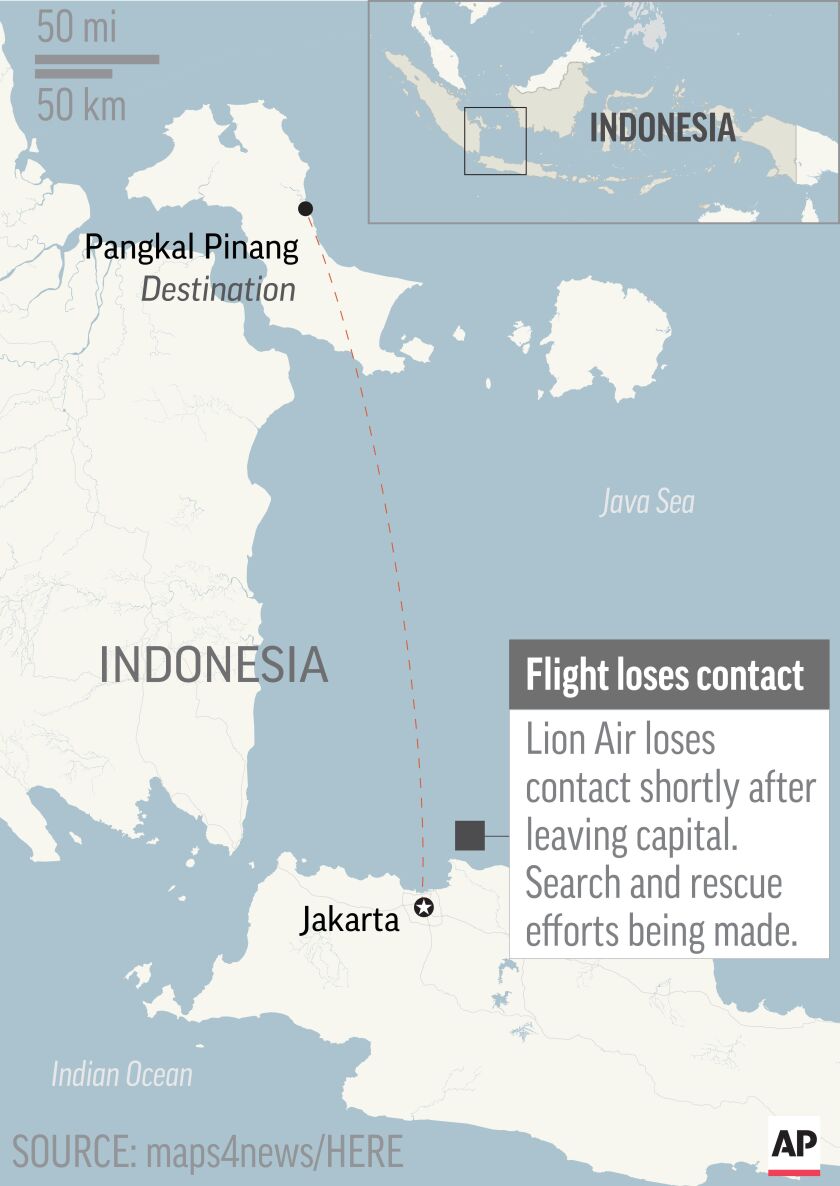 Map locates flight path and crash location of Lion Air flight in Indonesia | AP