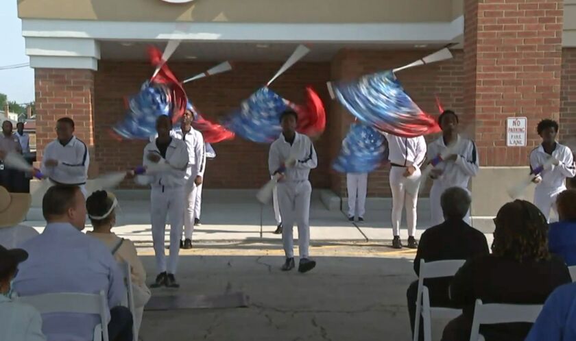 Members of the South Shore Drill Team performed at a ceremony on Wednesday, July 28, 2021 to reopen the renovated Jewel-Osco at 94th Street and Ashland Ave. The store had been closed since it was looted during civil unrest last summer that followed the murder of George Floyd in Minneapolis.