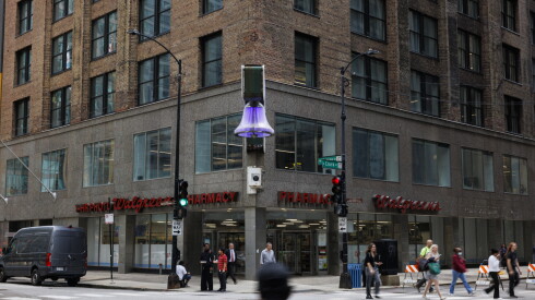 The Bellwether sign changes color outside 79 W. Monroe St.