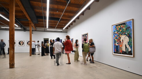 Visitors browse large-scale works by artist Clotilde Jiménez at Mariane Ibrahim Gallery during Chicago Exhibition Week.