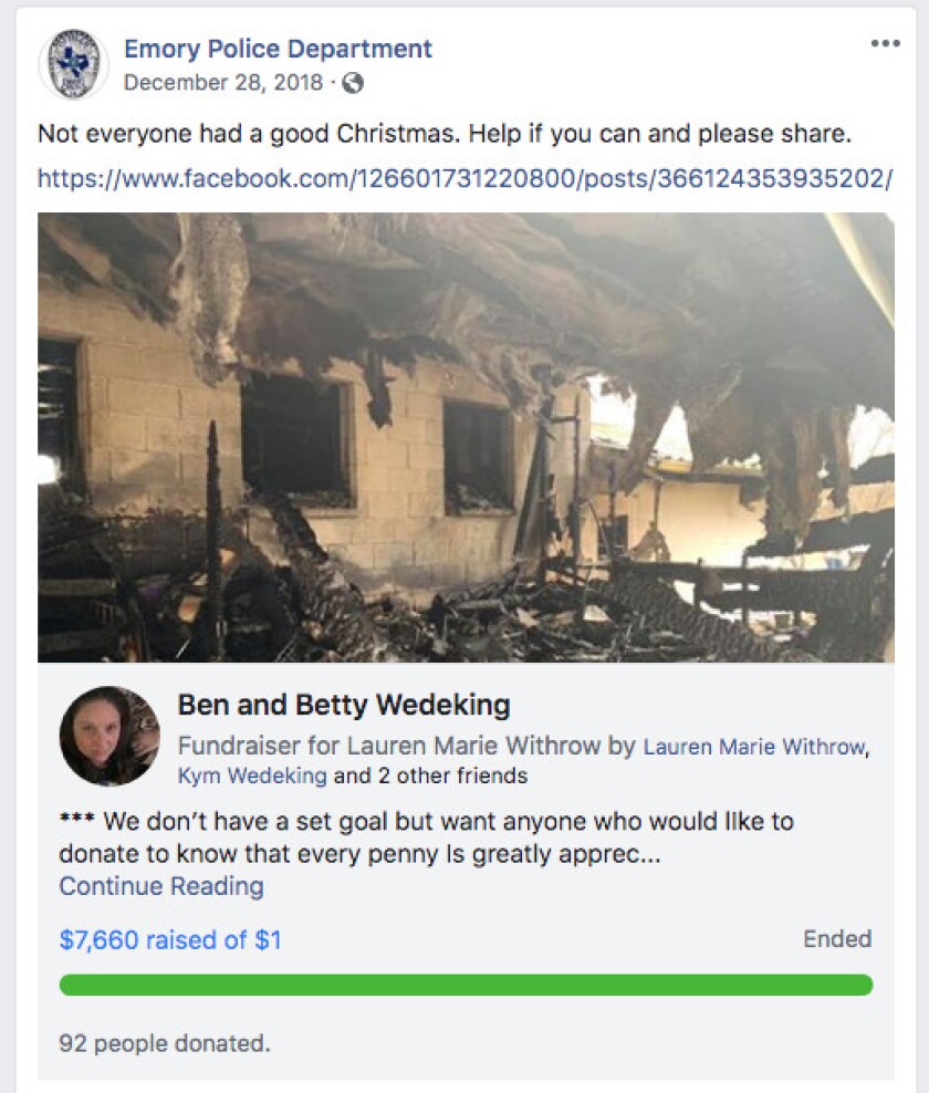 The Emory, Texas, police department advertises a GoFundMe page for Ben and Betty Wedeking, neighbors of the Chronises who lost their home to fire on Christmas Day 2018.