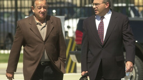 Then-East Chicago, Indiana City Council President Frank Kollintzas leaves a federal courthouse after being arraigned on charges of wire fraud and lying to the FBI Sept. 5, 2003.