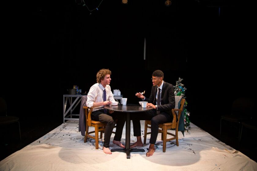 Cameron Roberts and Gregory J. Fields in “Clementine” presented by Little Time Theatre at Chicago Dramatists.
