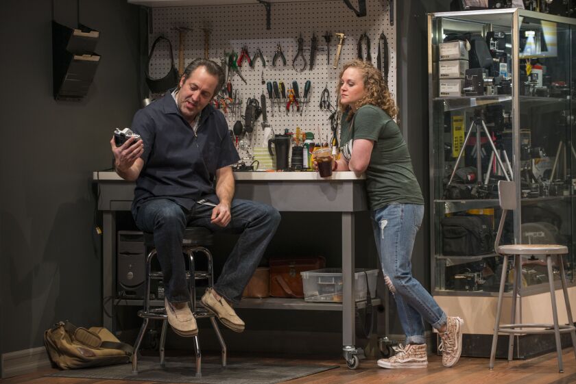 Ian Barford plays Wheeler, and Caroline Neff is Anita, in Tracy Letts’ “Linda Vista” at Steppenwolf Theatre. (Photo: Michael Brosilow)