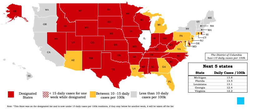 States marked red are on Chicago’s travel quarantine list.