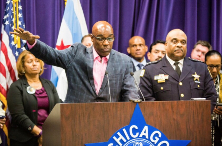 Sen. Kwame Raoul and Chicago police Supt. Eddie Johnson announcing legislation in 2016 to target repeat gun offenders with harsher sentences. | James Foster / Sun-Times