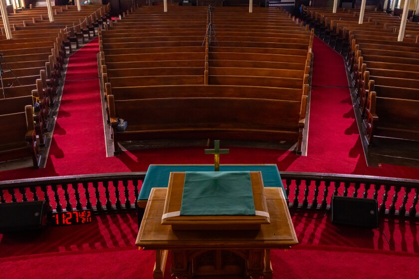 The sanctuary at Quinn Chapel AME Church on the South Side, Wednesday Feb. 11, 2026. | Candace Dane Chambers/Sun-Times.