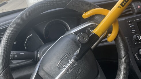 A club on the steering wheel of Kieran Degenaars' Honda Civic