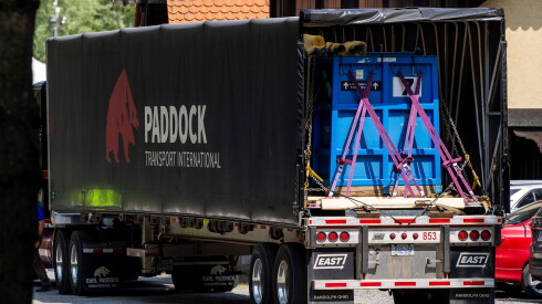 One of the trucks, holding a blue water tank, in which beluga whales were to be transported from the now-closed Marineland in Niagara Falls, Canada. Several of the whales were removed from by a group of experts from Marineland and several U.S. aquariums on Monday, July 20, 2026.