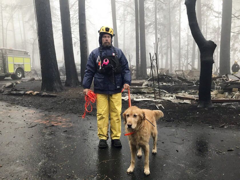 Eric Darling and his dog Wyatt are part of a search team from Orange County in Southern California who are among several teams conducting a second search of a mobile home park after the deadly Camp Fire in Paradise, Calif., Friday, Nov. 23, 2018. The team