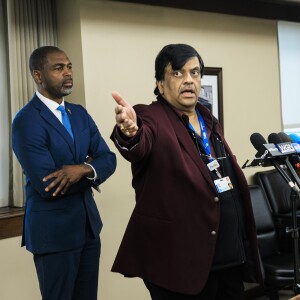 State Rep. La Shawn K. Ford looks on as Resilience Healthcare CEO Manoj Prasad explains the financial situation at West Suburban Medical Center during a news conference Wednesday about the hospital’s temporary closure and plans to try to reopen it.