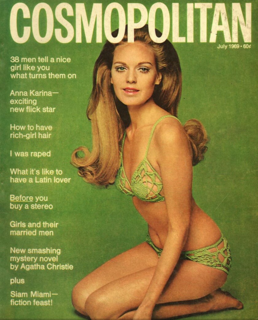 A crochet bikini by Barbara Lewis was featured on this Cosmopolitan cover in 1969.