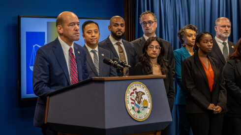 DuPage County State’s Attorney Bob Berlin joins Illinois Attorney General Kwame Raoul and state’s attorneys from around Illinois, to speak during a news conference in the Loop to discuss the “first targeted effort to evaluate the integrity of convictions throughout the state,” according to Raoul’s office, Tuesday, Nov. 12, 2024.