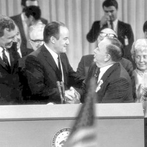Mayor Richard J. Daley congratulates the Democratic Party’s presidential nominee Hubert J. Humphrey. | Sun-Times files