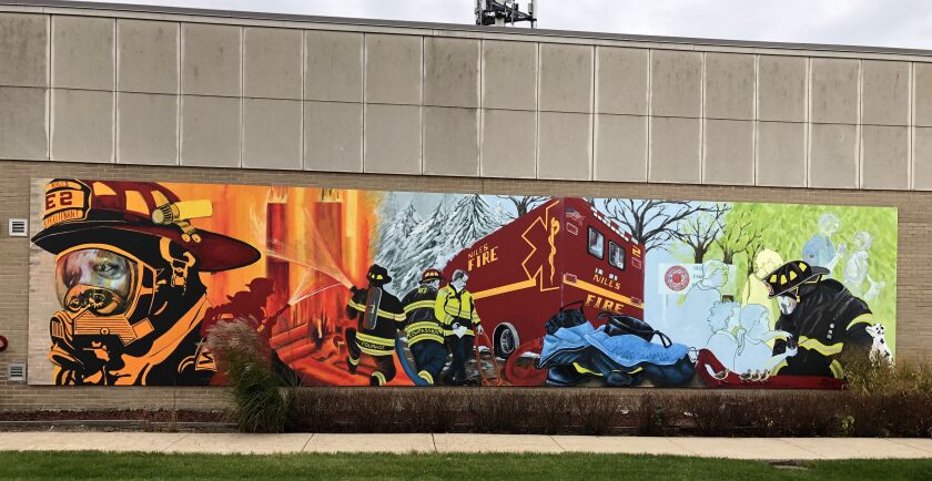 A Cyd Smillie mural, completed in December, on the side of a Niles fire station.