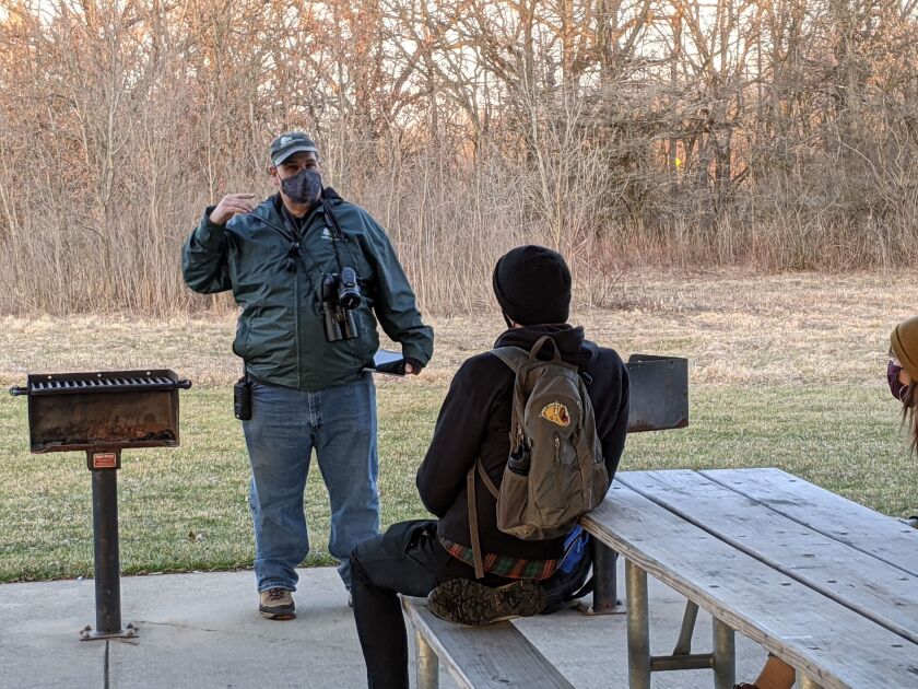Bob Bryerton teaches the joys of woodcocks Saturday before a woodcock walk at Goodenow Grove Nature Preserve. Credit: Dale Bowman