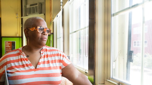 Principal Marcie Byrd looks out the window at Nash Elementary School.